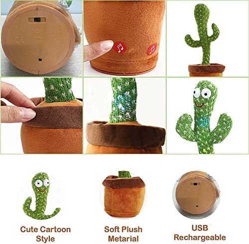 Dancing Cactus Toy for Babies & Kids Records & Repeats What You Say Singing & Talking Toy Beautiful LED Lights Funny Educational Plush Decoration Item