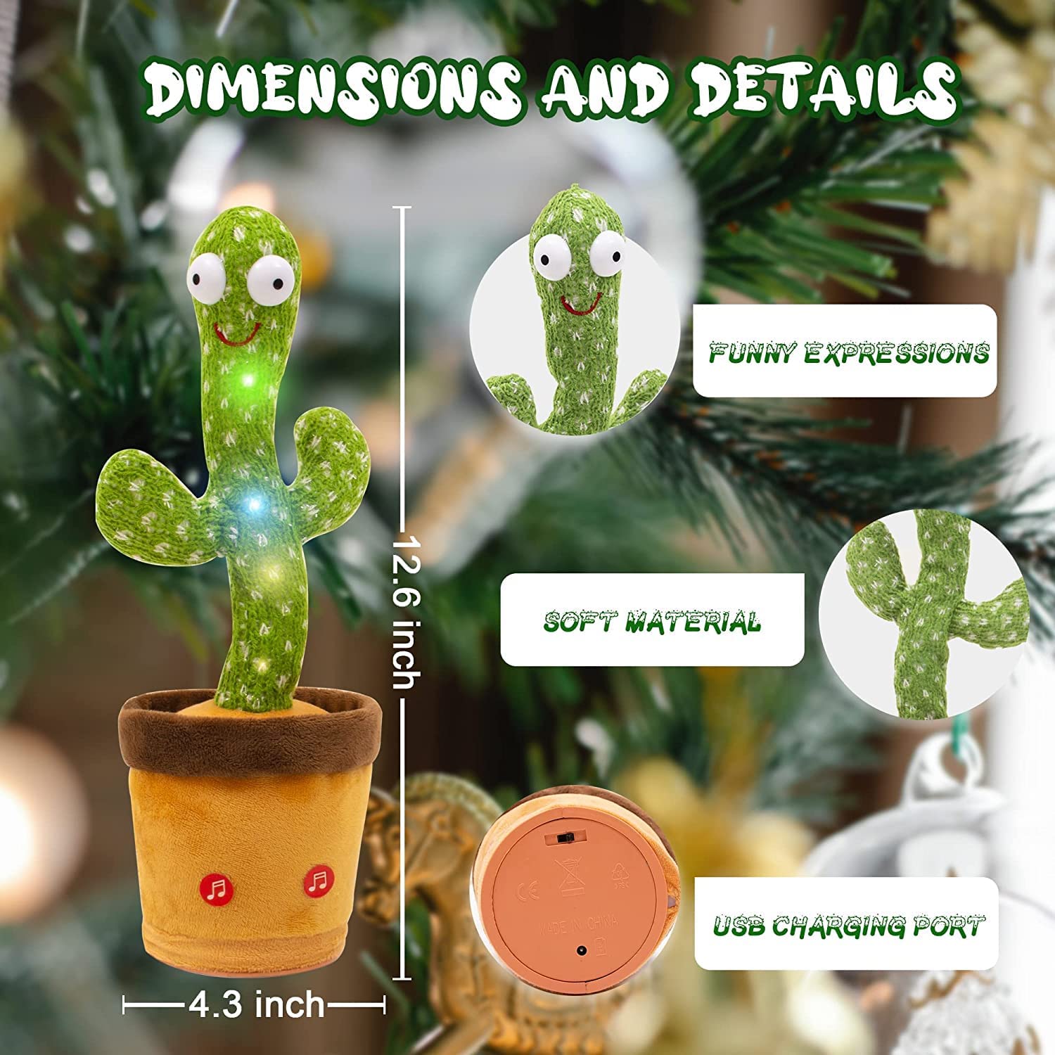 Dancing Cactus Toy for Babies & Kids Records & Repeats What You Say Singing & Talking Toy Beautiful LED Lights Funny Educational Plush Decoration Item