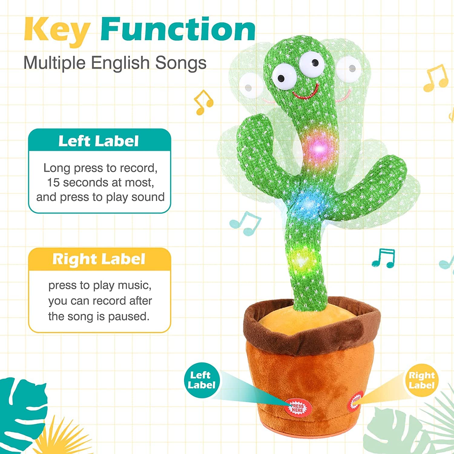 Dancing Cactus Toy for Babies & Kids Records & Repeats What You Say Singing & Talking Toy Beautiful LED Lights Funny Educational Plush Decoration Item