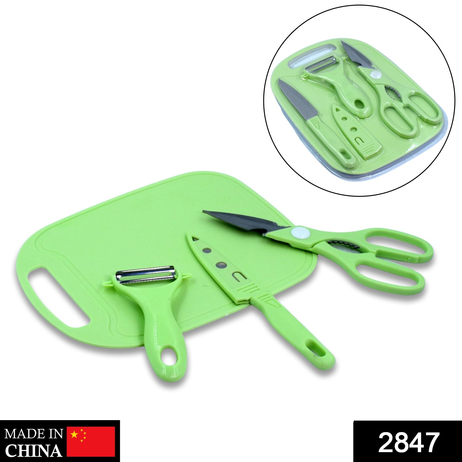 2847 2 Pieces Knife with Chopping Board with Peeler, Grater | Vegetable Cutting Kitchen Accessories Items (5 pcs Set) DeoDap