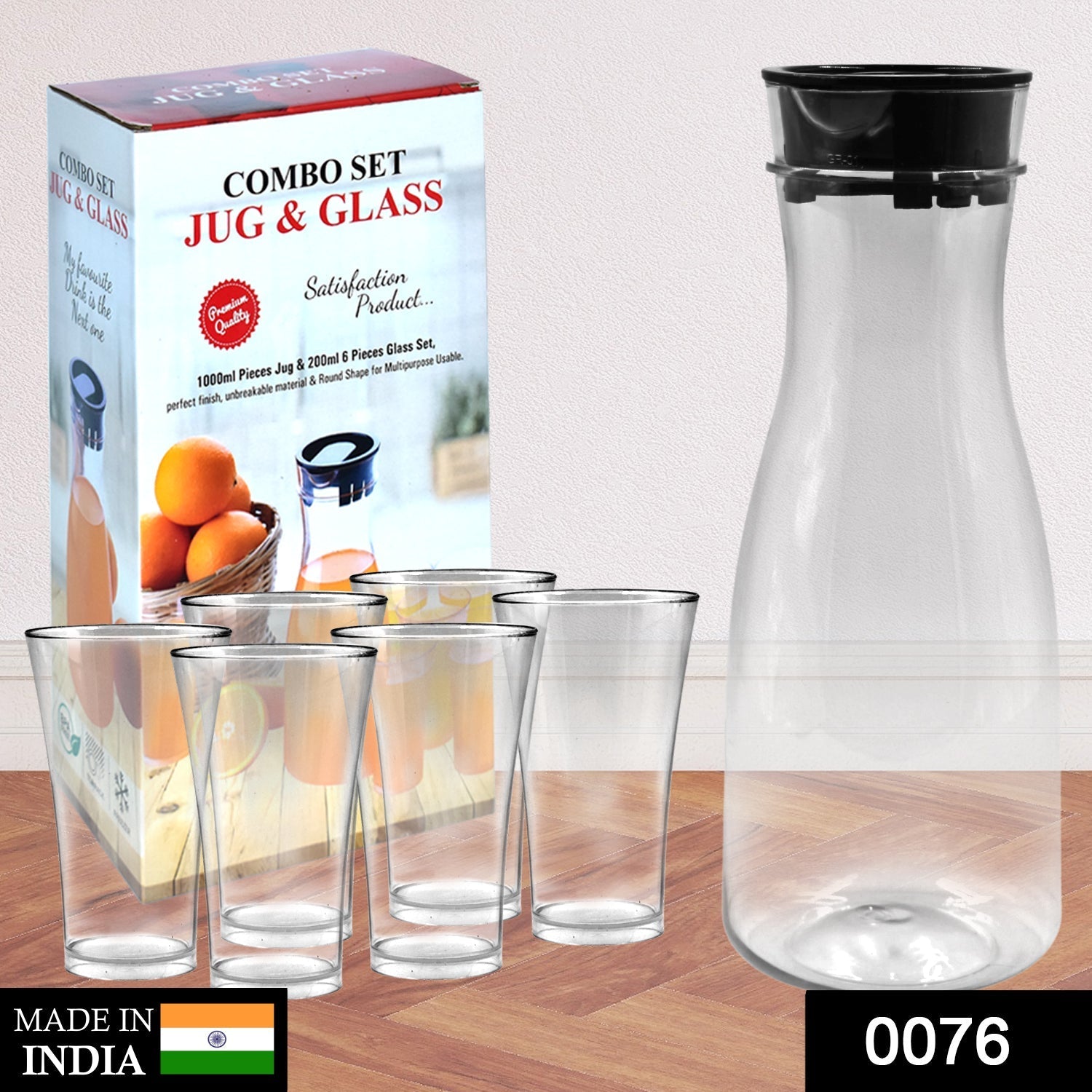 0076_Transparent Unbreakable Water Juicy Jug and 6 Pcs. Glass Combo Set for Dining Table Office Restaurant Pitcher DeoDap