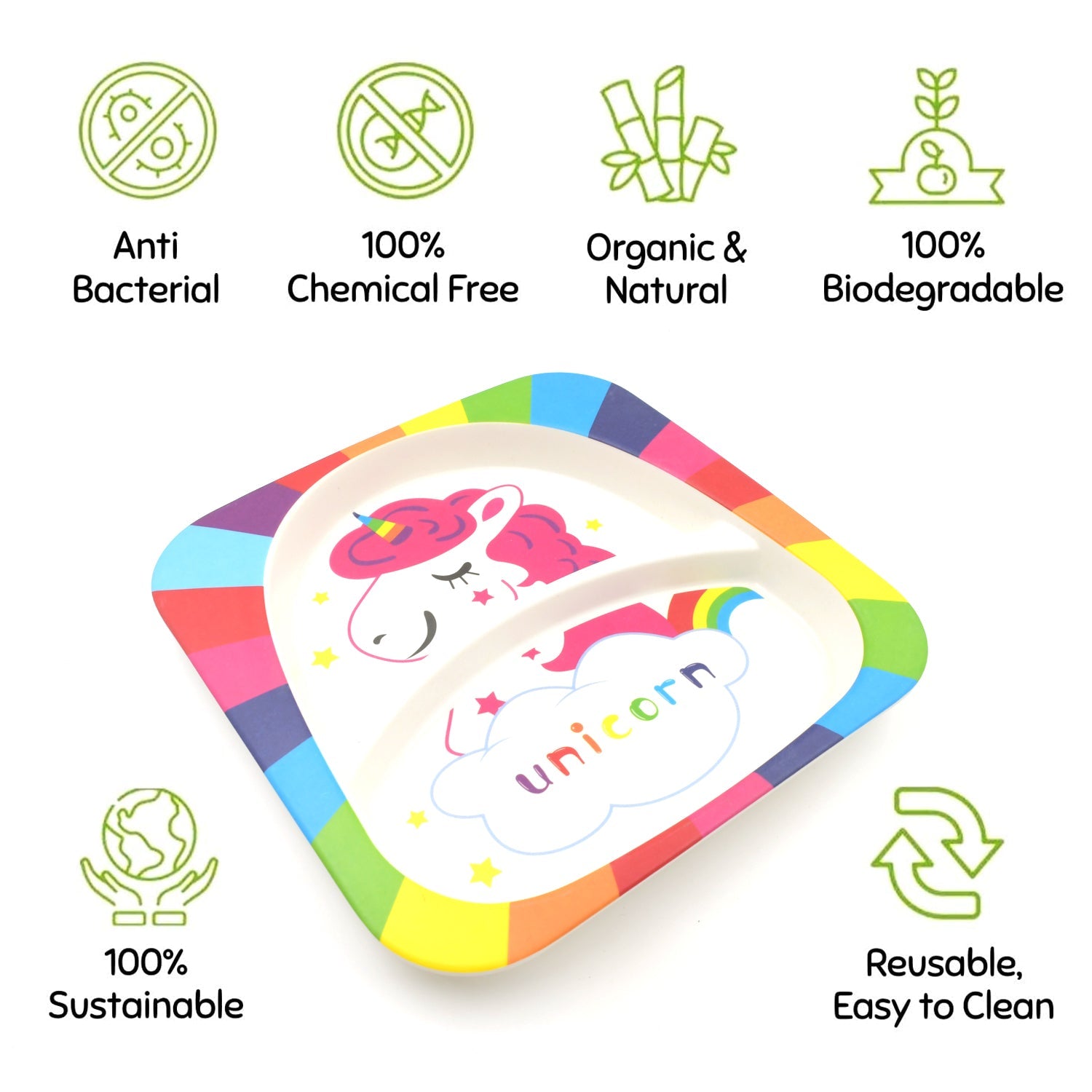 5747  Bamboo Fibre Kids 1 Bowl, 1 Spoon, 1 Fork, 1  Glass, 1 Plate Unicorn Design  for Kids and Toddlers, Childre Dinnerware Set - Feeding Set for Kids, Cartoon Design  Tableware Microwave & Dishwasher Safe (5 Pcs Set)
