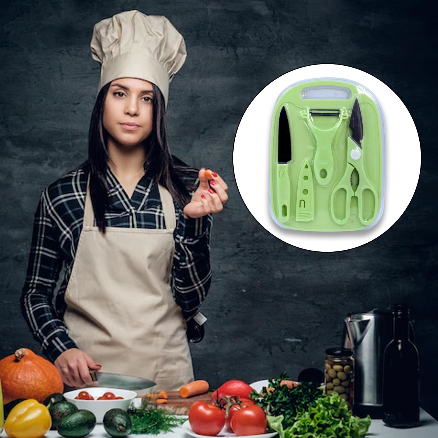 2847 2 Pieces Knife with Chopping Board with Peeler, Grater | Vegetable Cutting Kitchen Accessories Items (5 pcs Set) DeoDap