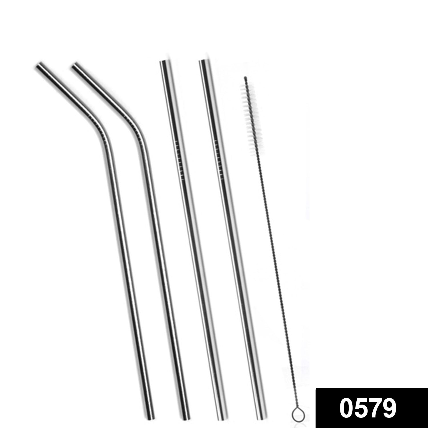 0579 Set of 4 Stainless Steel Straws & Brush (2 Straight straws, 2 Bent straws, 1 Brush) DeoDap