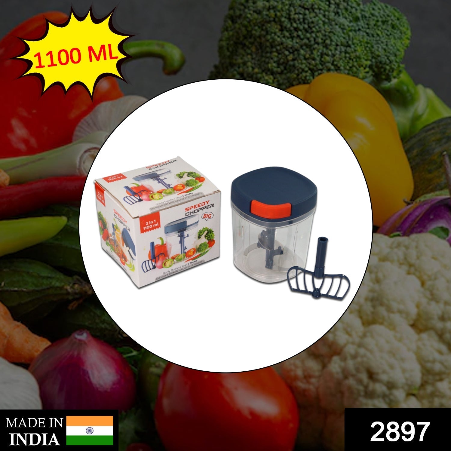 2897 Plastic Handy Chopper 1100ml Kitchen Chopper with 6 Blades and 1 Plastic Whisker, Multipurpose Manual Chopper, Vegetable & Fruit Cutter Chopper DeoDap