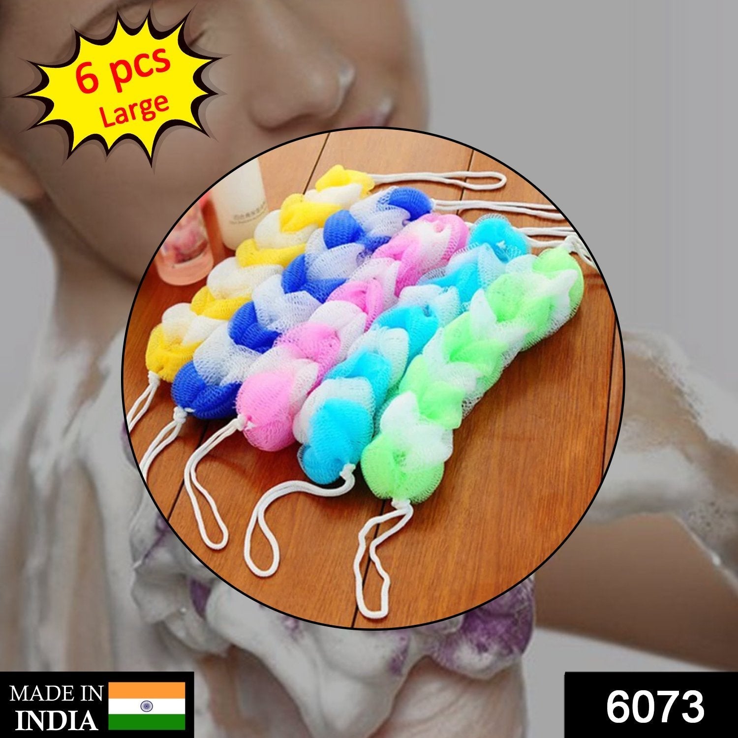 6073 Hanging Bath Shower Long Large Size Loofah Sponge Pouf Body Scrubber (pack of 6) DeoDap