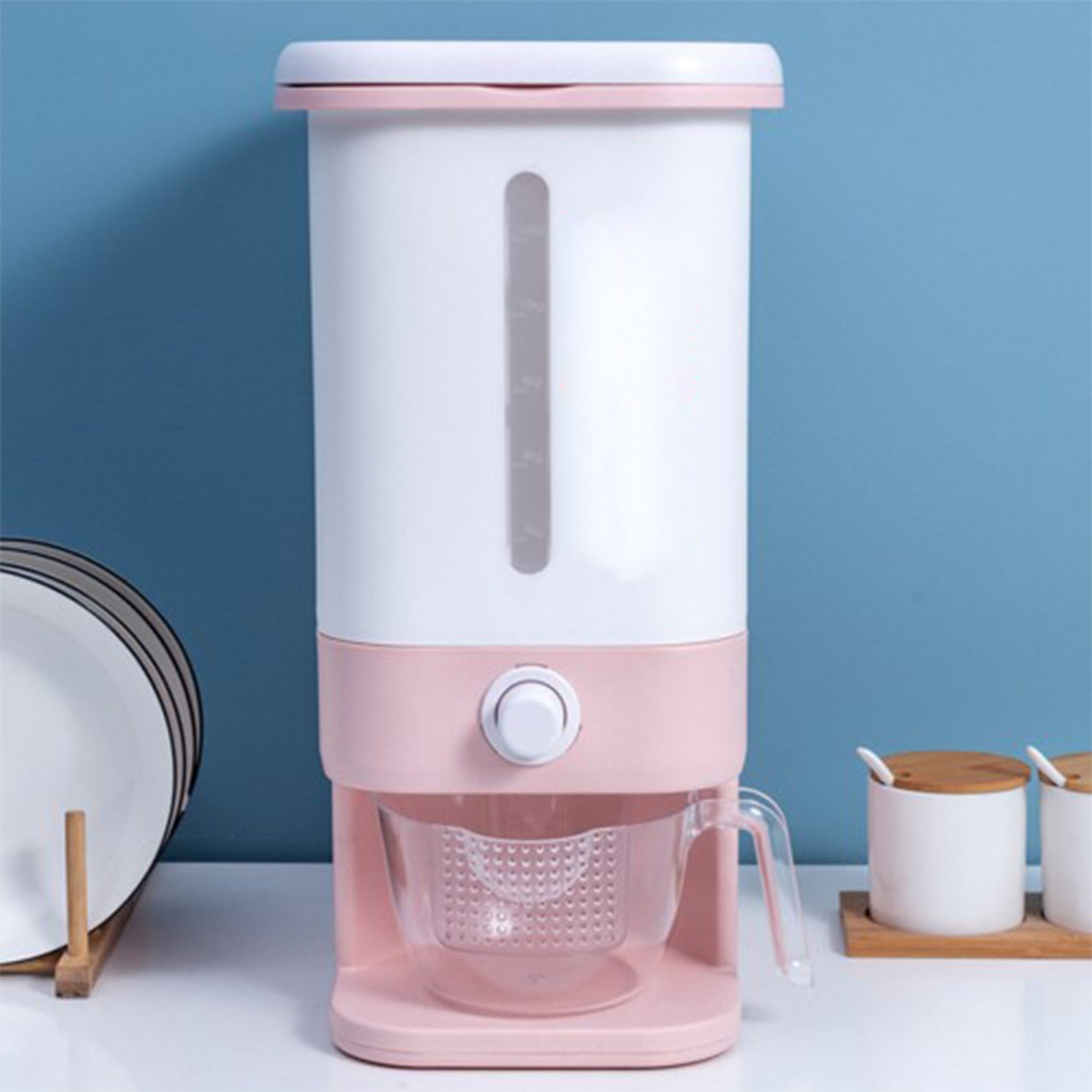 2823 Rice Dispenser Approx 8kg storage capacity. Grain Storage Container With Metering Cylinder with Lid Automatic Rice Storage DeoDap