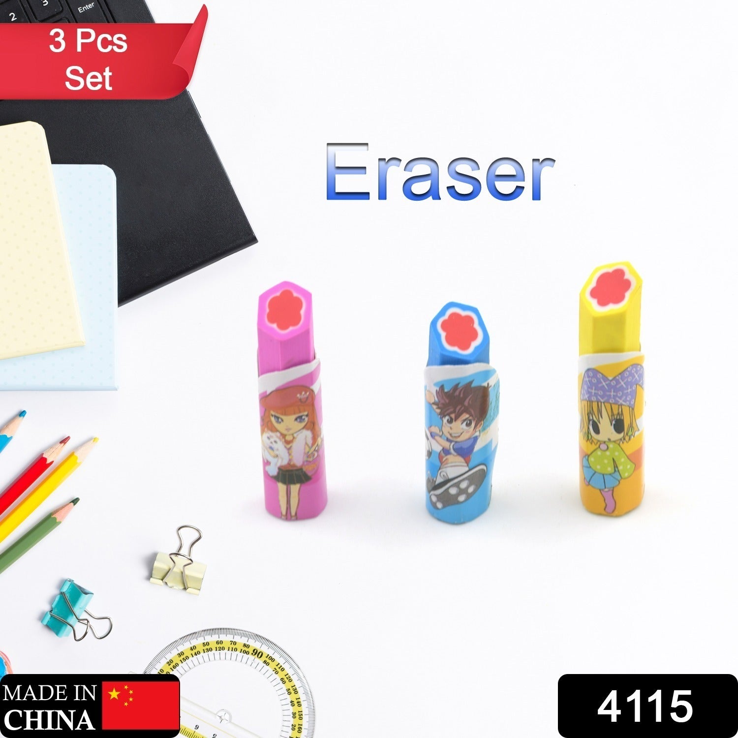 4115 Lipstick Style Rubber Eraser for Return Gift, Lipstick Shape Non-Toxic Eraser for Kids, 3D Stationary for Birthday Return Gift (3 Pc Set)