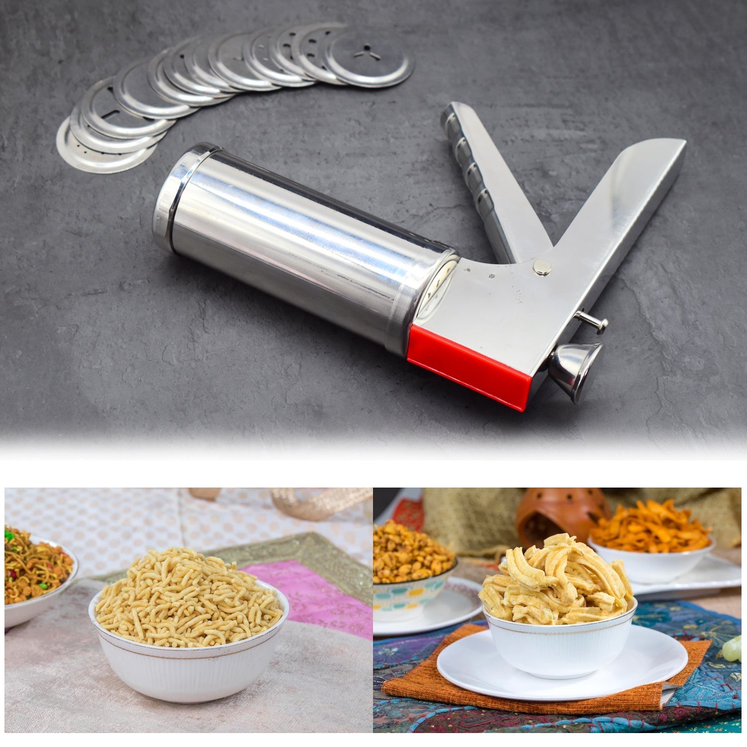 2888 Kitchen Press Sev Maker Machine Chakli Maker Noodles Cookies Namkeen Maker with 15 Different Types of Stainless Steel plates, Silver DeoDap