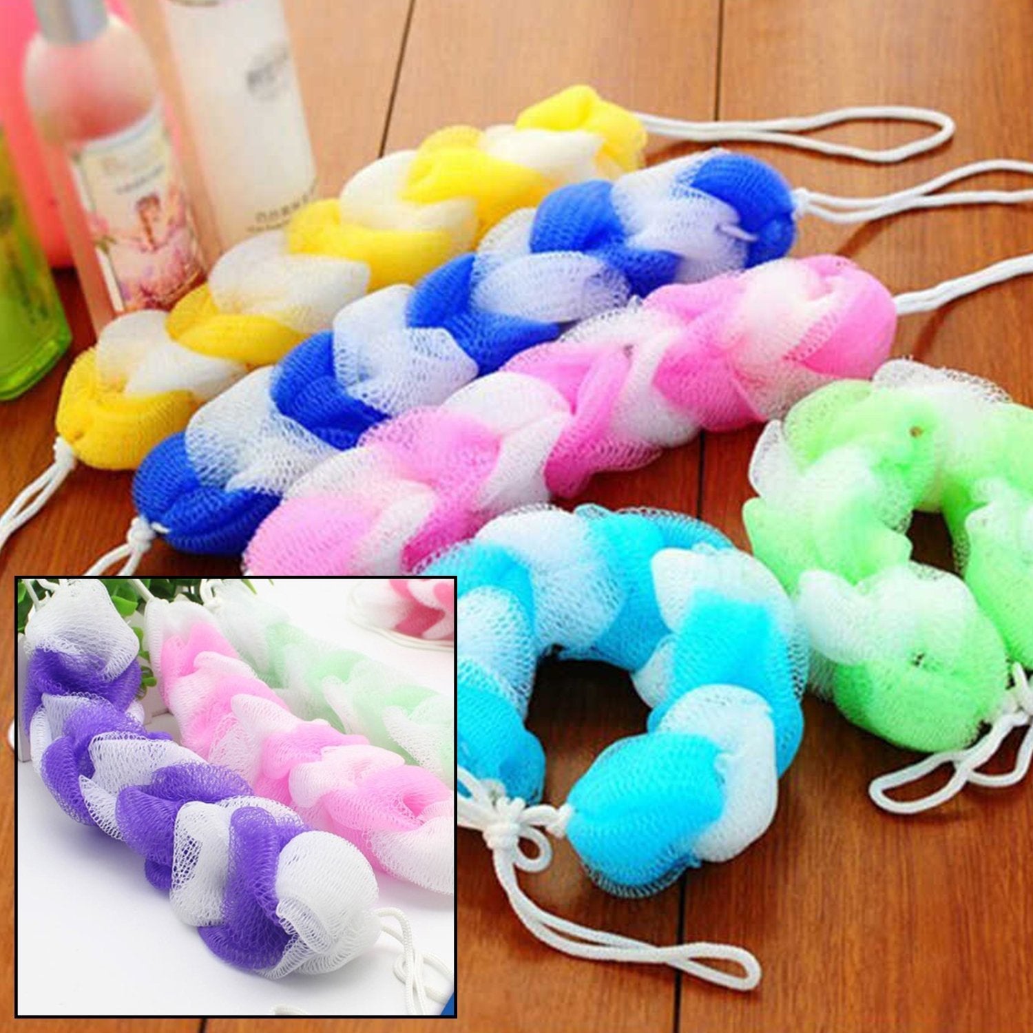 6073 Hanging Bath Shower Long Large Size Loofah Sponge Pouf Body Scrubber (pack of 6) DeoDap