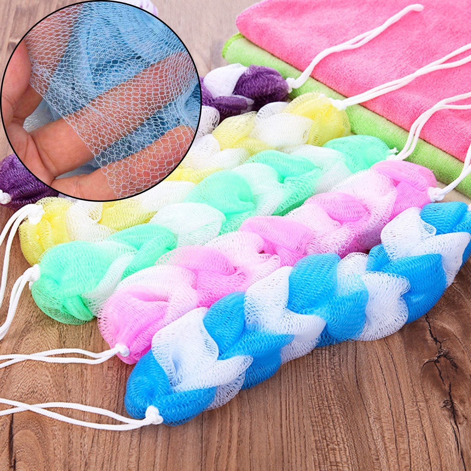 6073 Hanging Bath Shower Long Large Size Loofah Sponge Pouf Body Scrubber (pack of 6) DeoDap