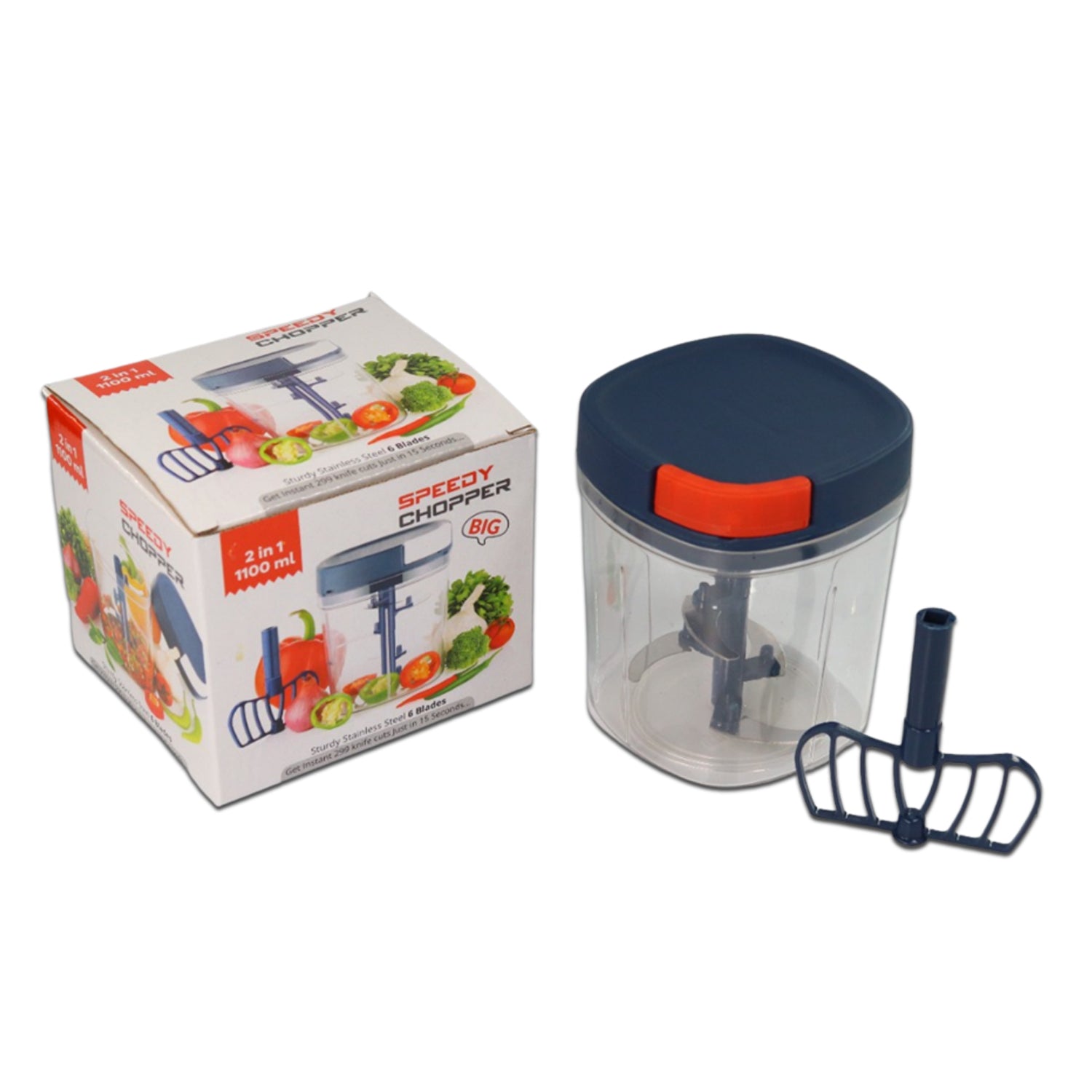 2897 Plastic Handy Chopper 1100ml Kitchen Chopper with 6 Blades and 1 Plastic Whisker, Multipurpose Manual Chopper, Vegetable & Fruit Cutter Chopper DeoDap