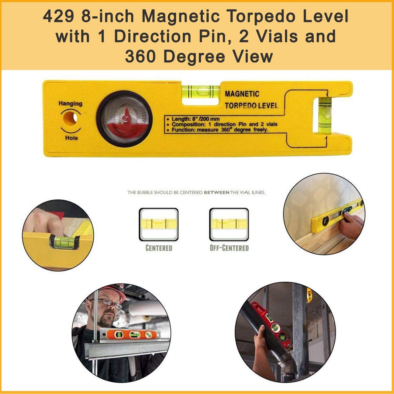 0429 8-inch Magnetic Torpedo Level with 1 Direction Pin, 2 Vials and 360 Degree View DeoDap